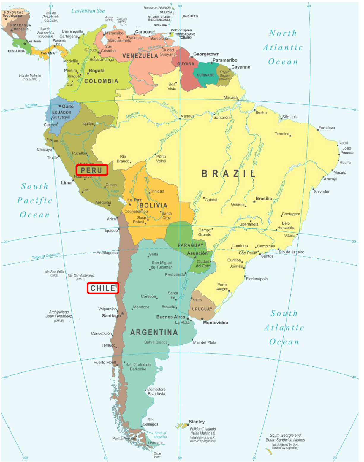 Map of Peru and Chile